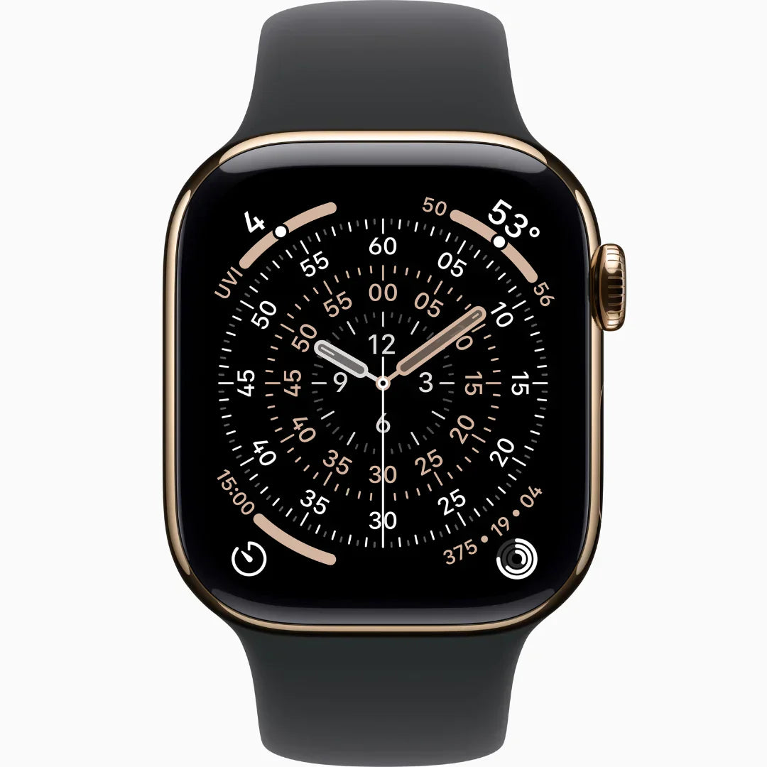 Apple Watch Series 9, GPS + Cellular With Stainless Steel / ساعة أبل سيريز 9، مزودة بنظام تحديد المواقع العالمي (GPS) ووظيفة الاتصال، مصنوعة من الفولاذ المقاوم للصدأ.